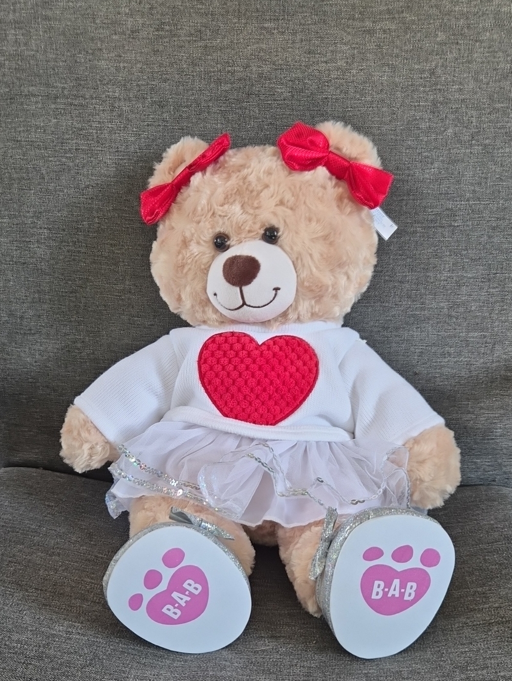 Build-A-Bear Beige Teddy with Red Heart and Red Bows